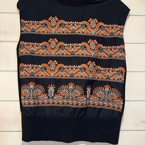 Tory Burch Embroidered Black and Orange Sleeveless Top. Size XS.